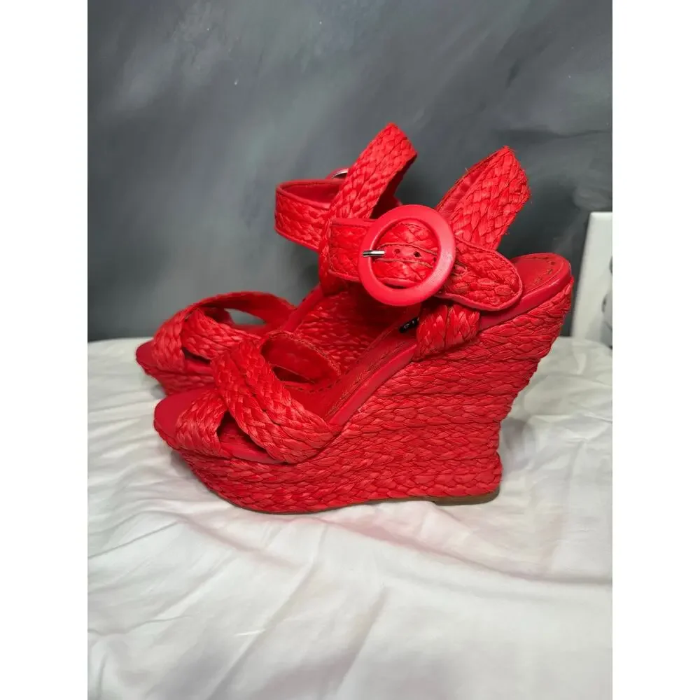 Alice + Olivia Josiey Bright Poppy Raffia Platform Wedge Sandals Summer 9.5